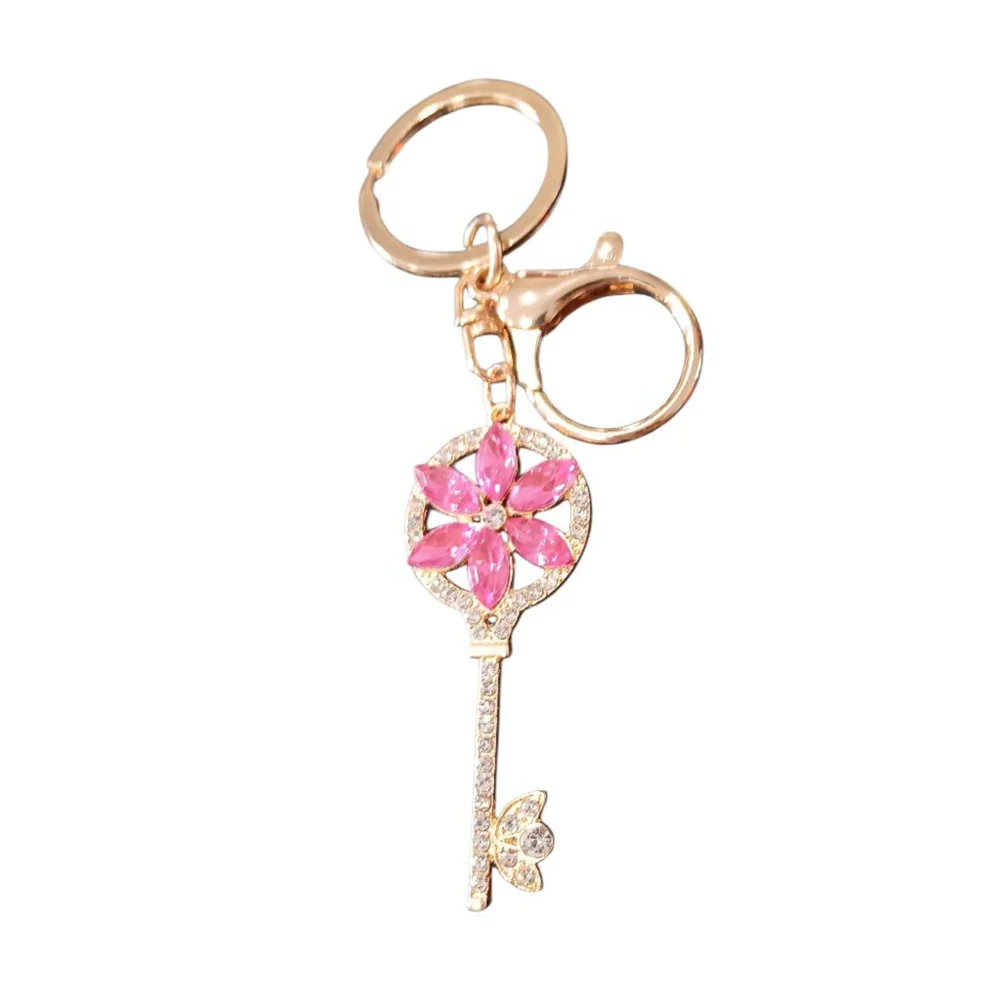Floral Rhinestone Skeleton Key Keychain Purse Charm with Pink Flower